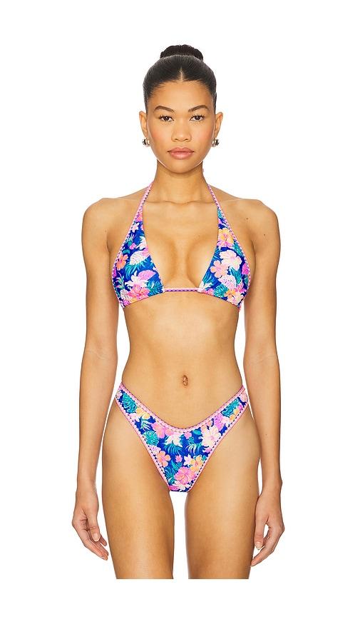 kulani kinis bind tie halter bikini top in blue.