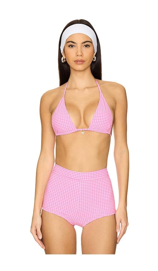 kulani kinis classic tie halter bikini top in pink.