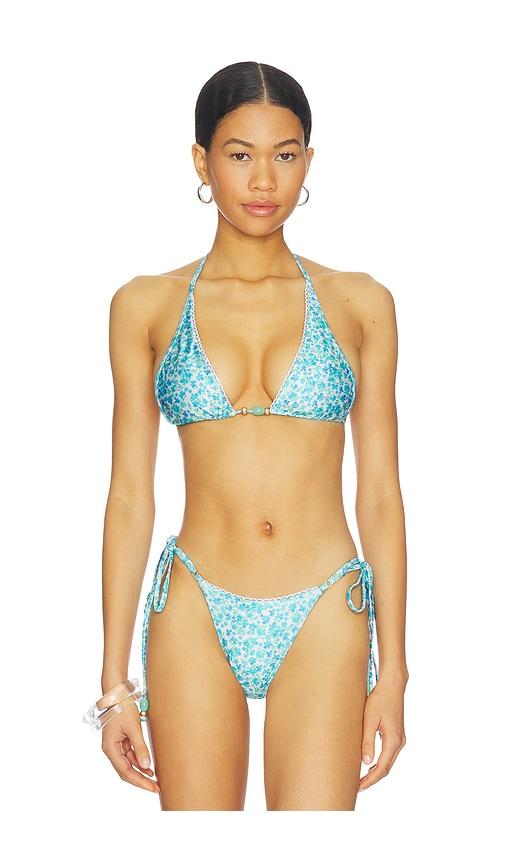 kulani kinis decorative bind halter bikini top in blue,white.