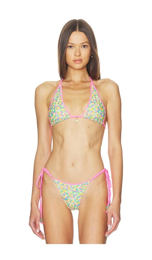 kulani kinis decorative bind tie halter bikini top in pink.