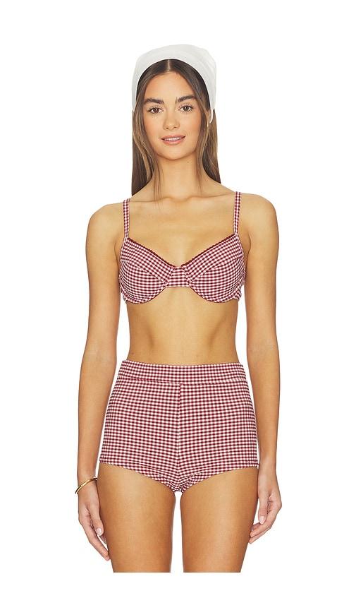 kulani kinis decorative ditzy underwire bikini top in red.