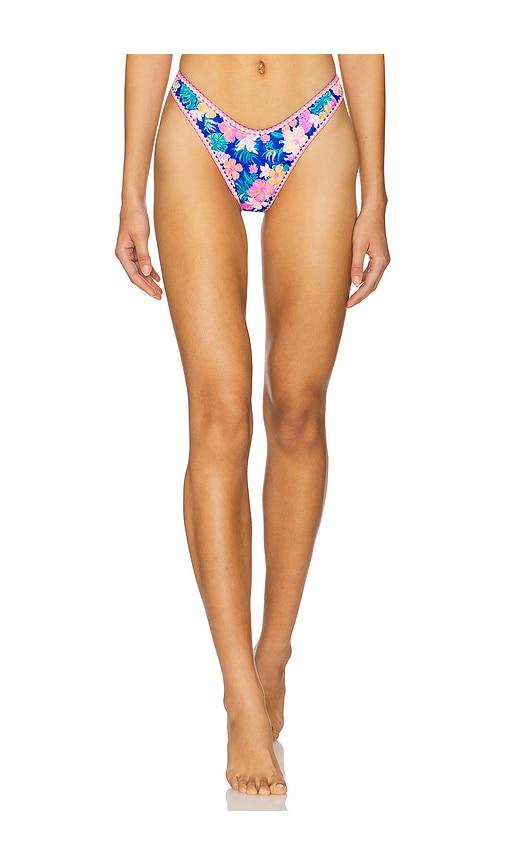 kulani kinis high leg thong bikini bottom in blue.