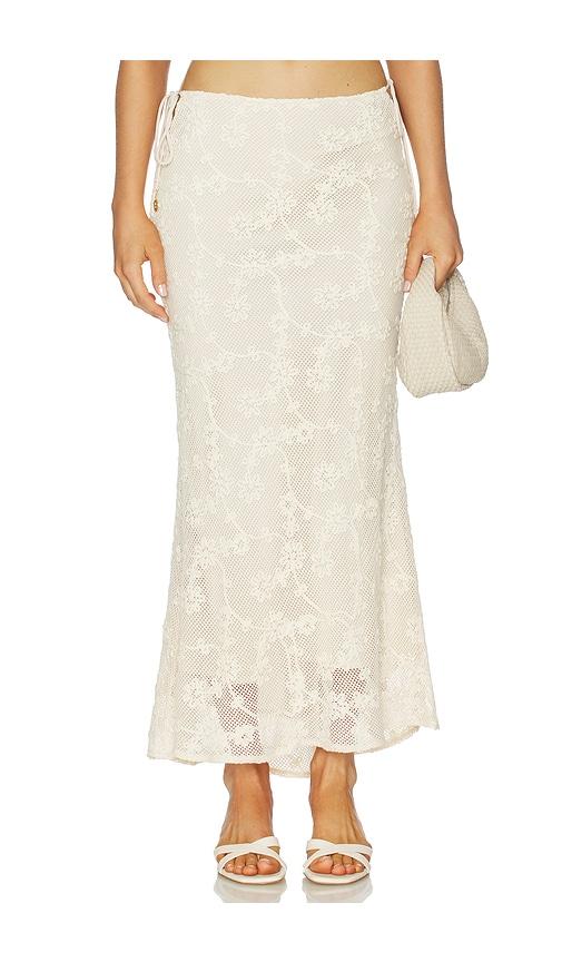 kulani kinis lace side tie maxi skirt in ivory.