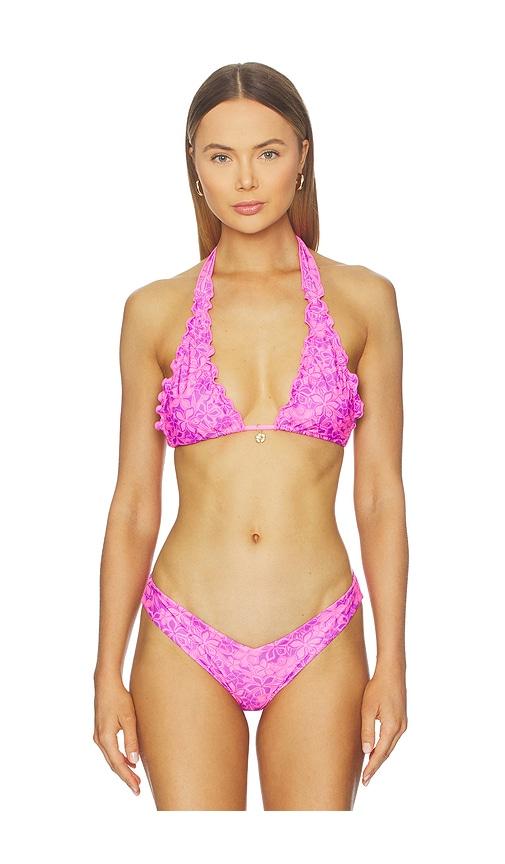 kulani kinis lettuce edge halter bikini top in purple.