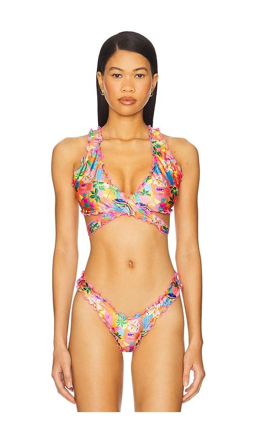 kulani kinis lettuce edge wrap bikini top in orange.