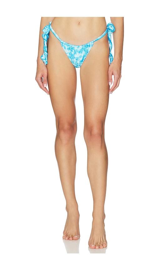 kulani kinis lettuce tie ruched thong bikini bottom in blue.