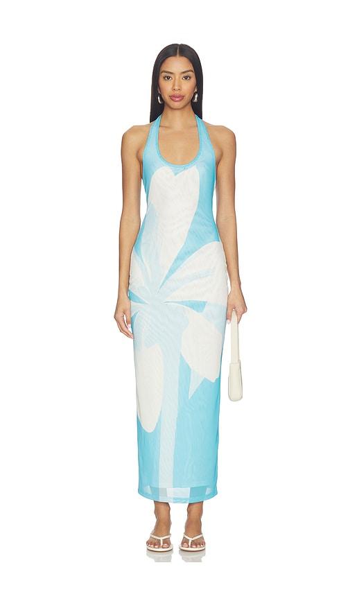 kulani kinis mesh halter maxi dress in blue.
