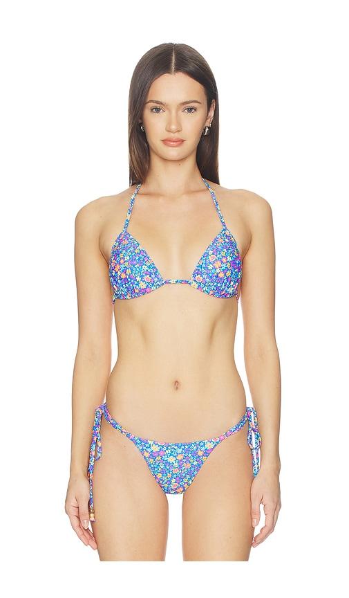 kulani kinis padded bind triangle bikini top in blue.