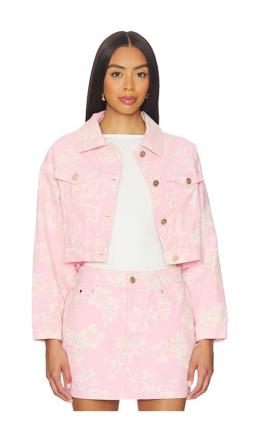 kulani kinis pixie cropped denim jacket in pink.