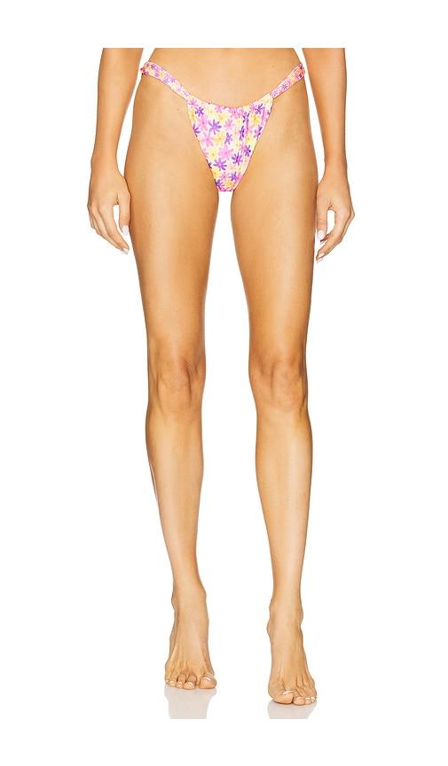 kulani kinis ruched thong bikini bottom in pink,orange.