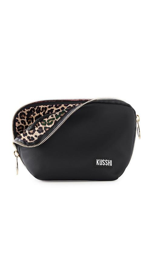 kusshi everyday bag in black & leopard nylon.