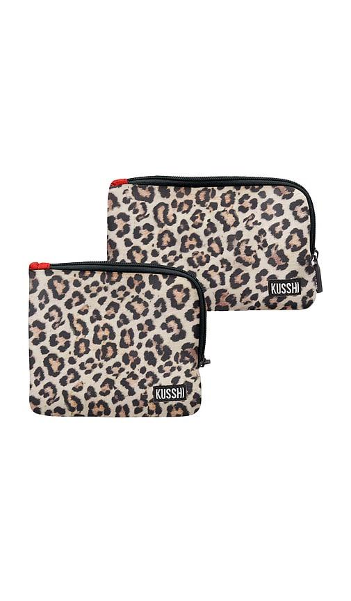 kusshi on-the-go pouch set in leopard neoprene.