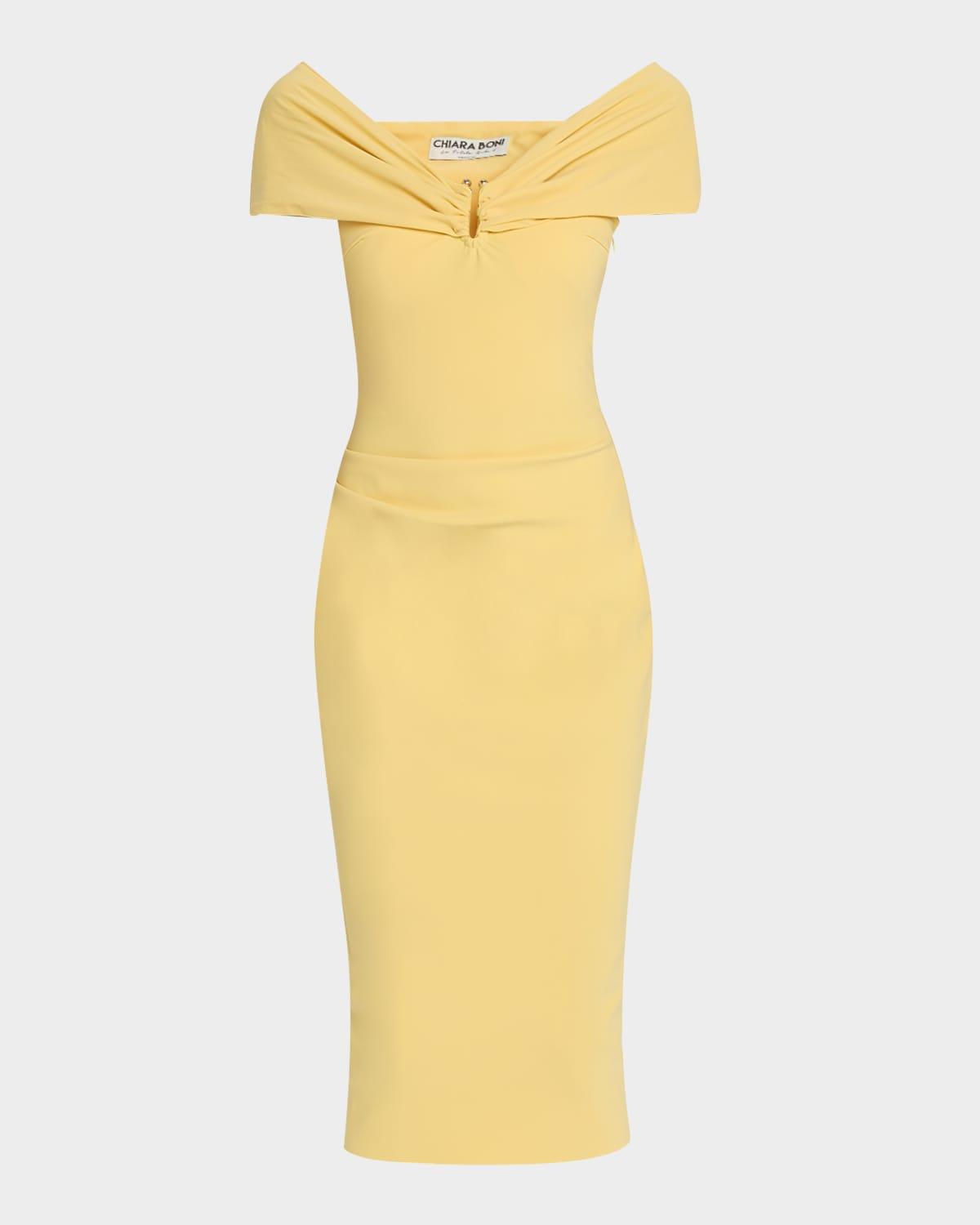 kyoji off-shoulder midi sheath dress