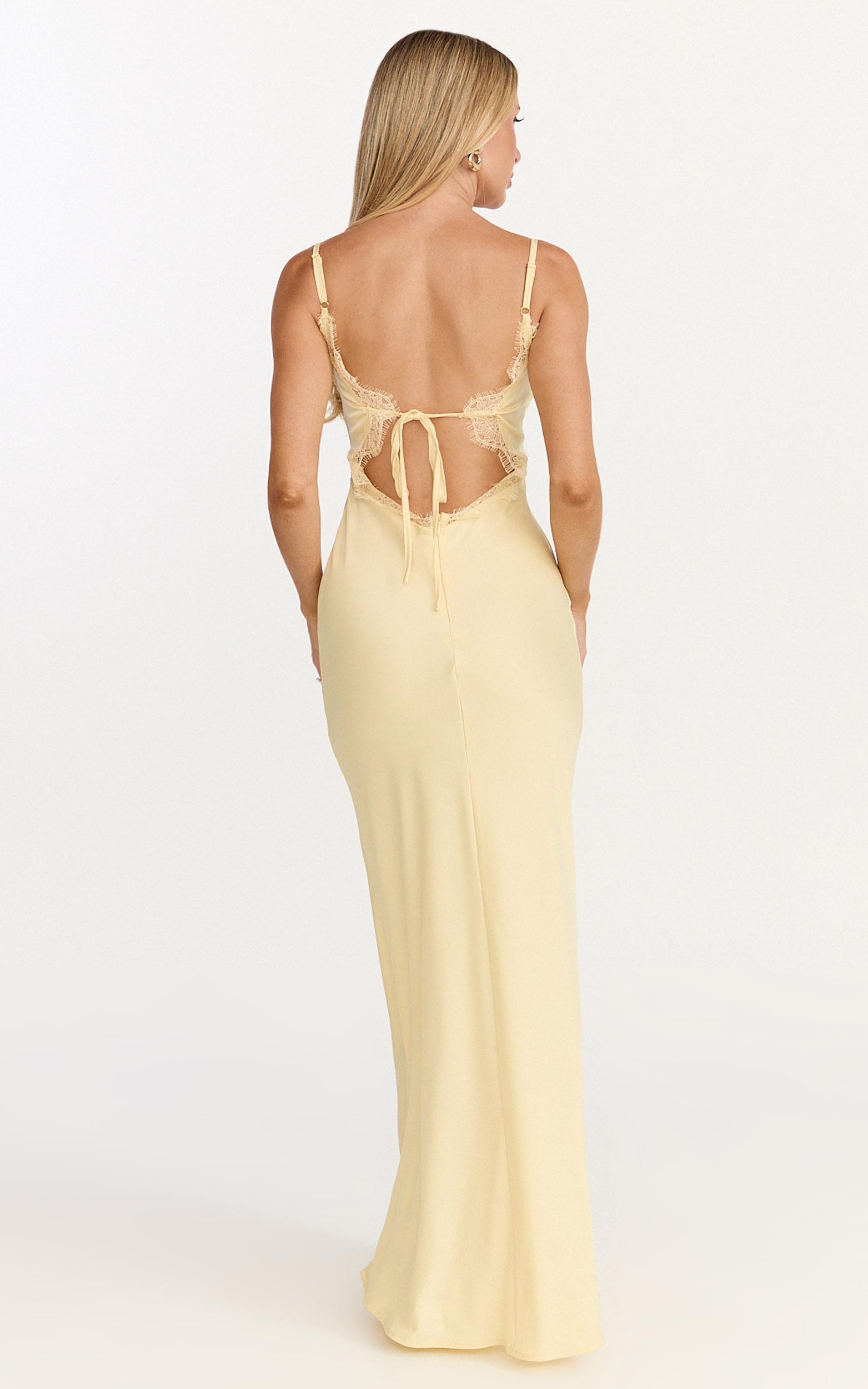 kyra maxi dress - lace bust and tie back satin dress in lemon