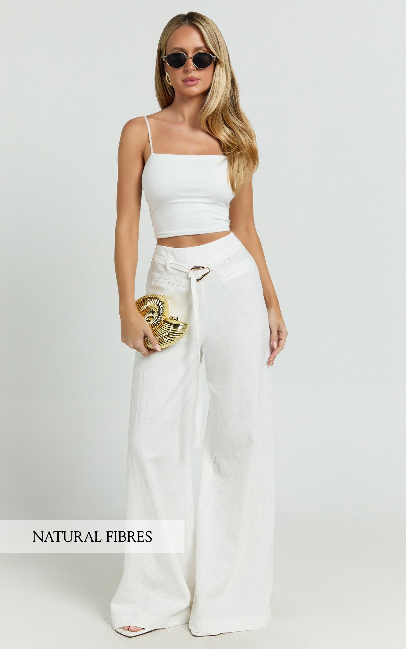 kyra pants - linen look belted wide leg pants in white