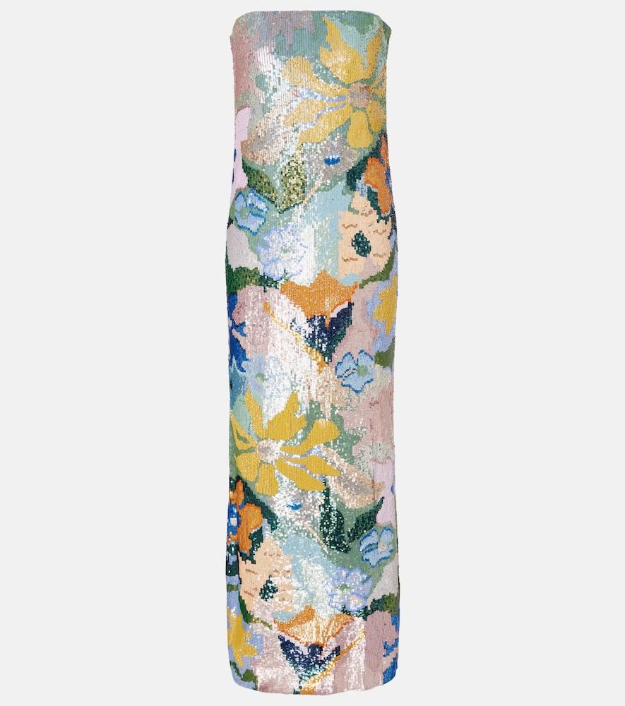 là fuori floral sequined strapless gown