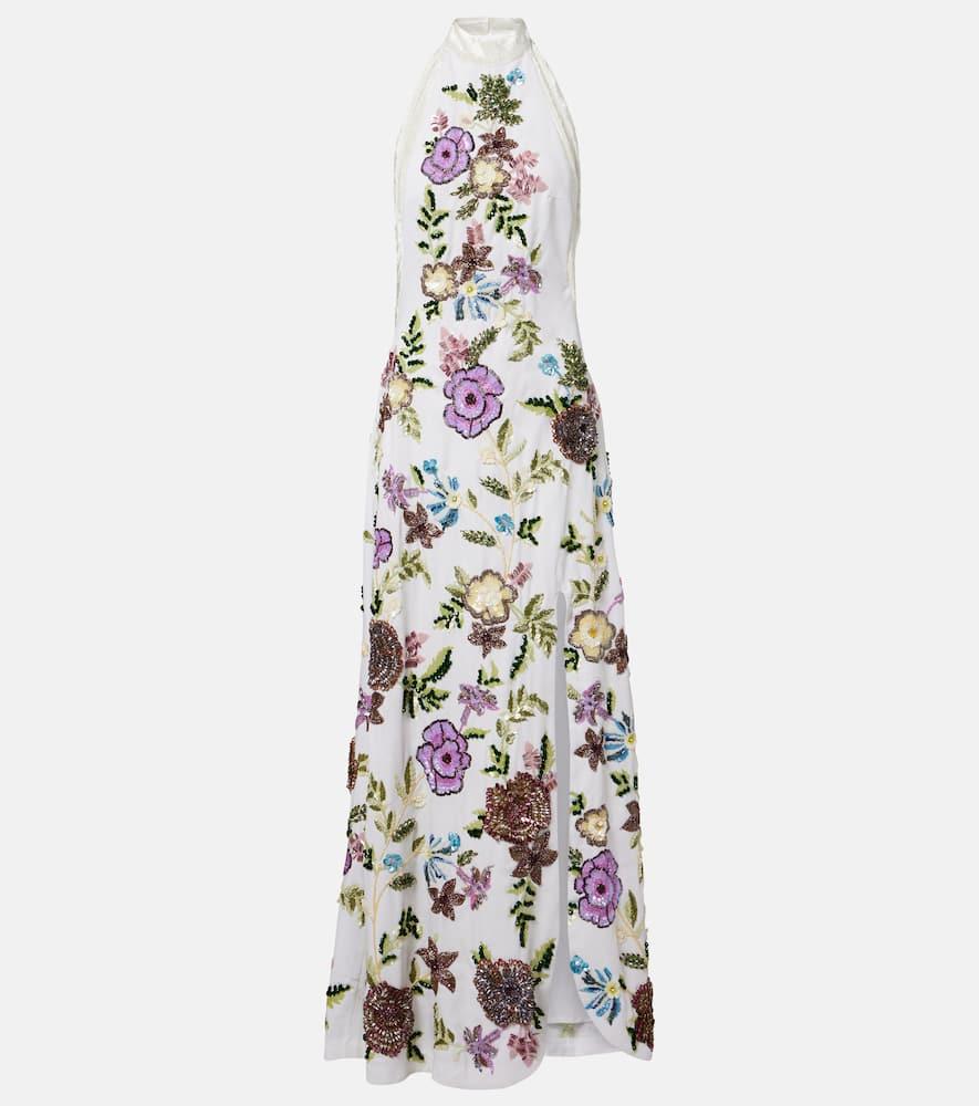 là fuori luminous flounce embellished floral gown