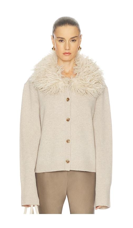 l'academie by marianna allegria faux fur cardigan in beige.