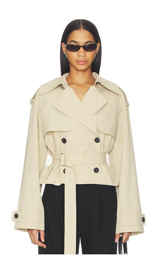 l'academie by marianna kimmi cropped trench jacket in taupe.