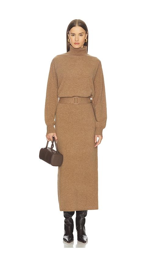 l'academie by marianna leslia belted midi dress in brown.