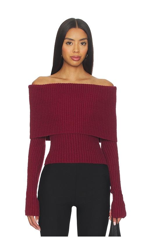 l'academie by marianna namir off shoulder sweater in burgundy.