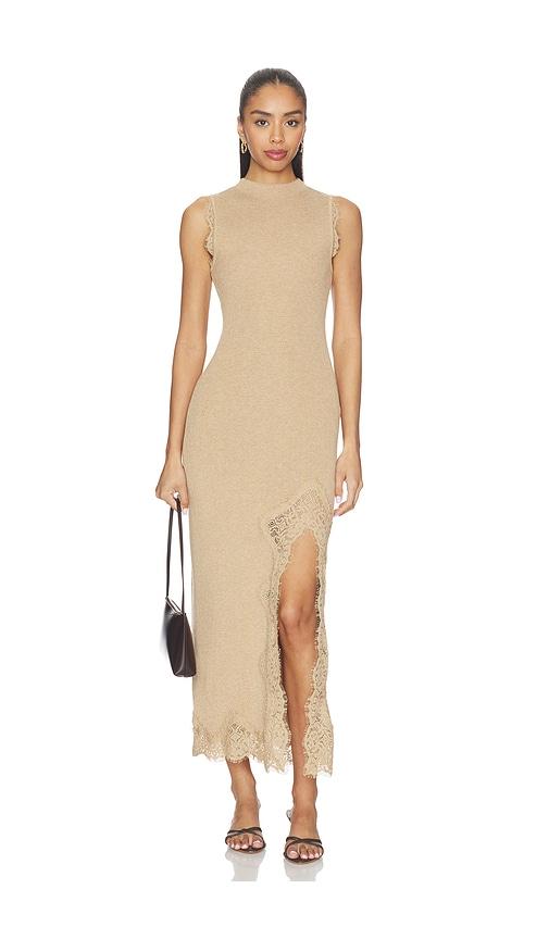 l'academie by marianna votella lace midi dress in tan.
