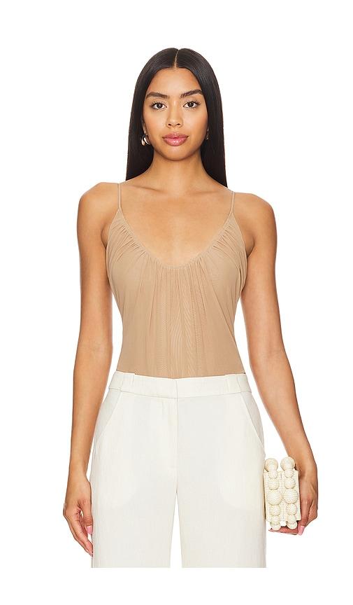 l'agence gelina ruched bodysuit in tan.