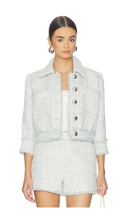 l'agence jia crop 3/4 sleeve fringe jacket in blue,ivory.