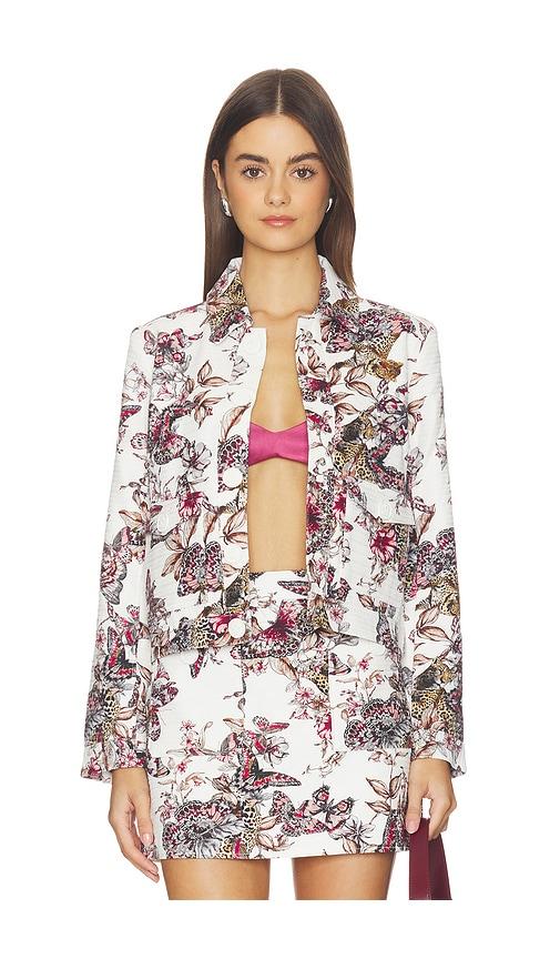 l'agence nyx crop jacket in white multi large butterfly jungle in white,pink.