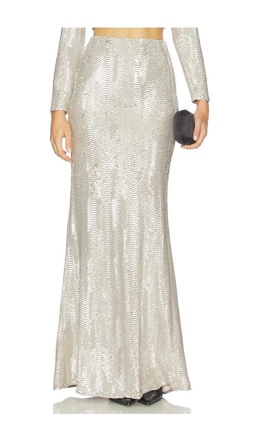 l'agence sequin zeta long skirt in metallic silver.