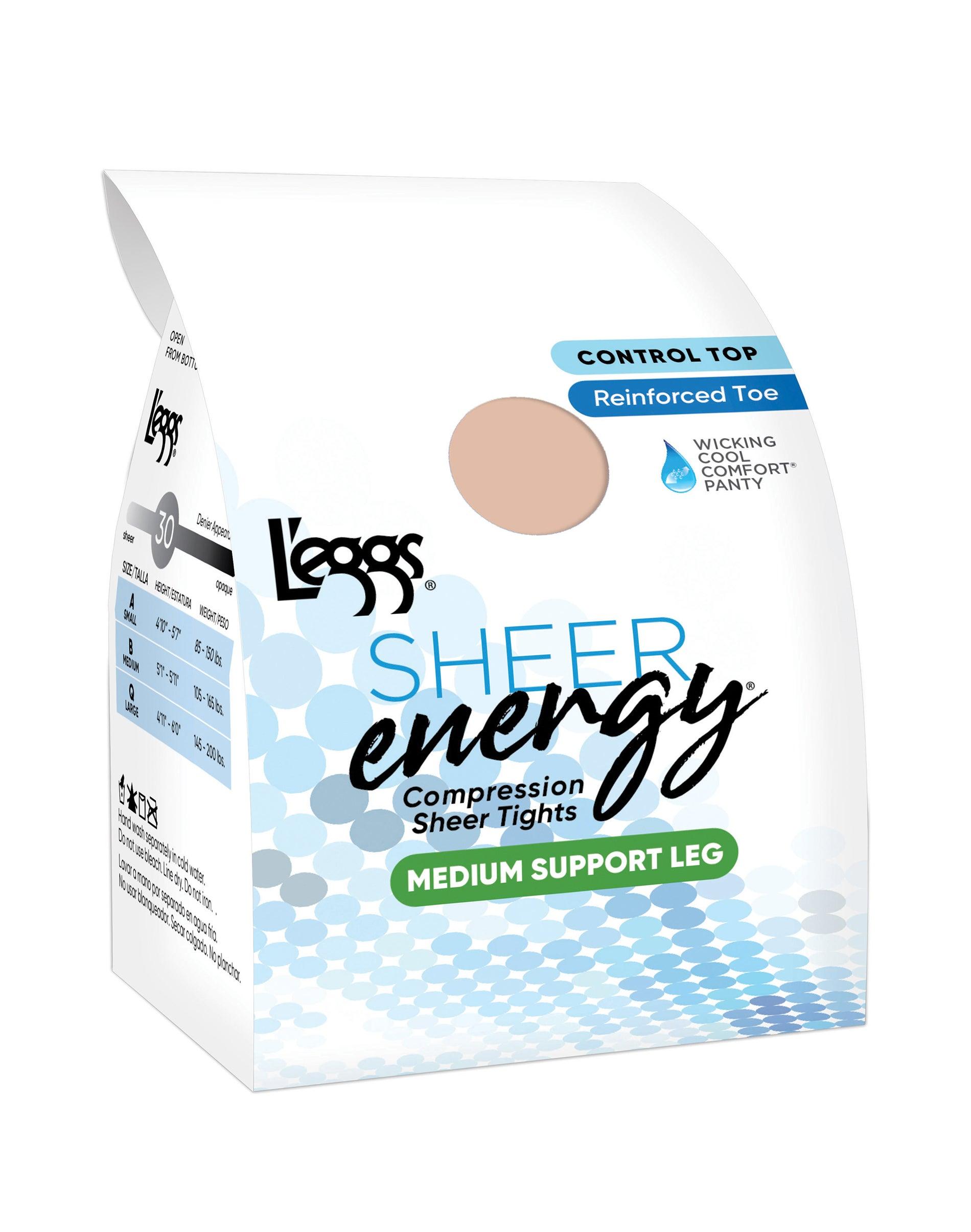 l'eggs sheer energy medium support compression tights, reinforced toe jet black b women's