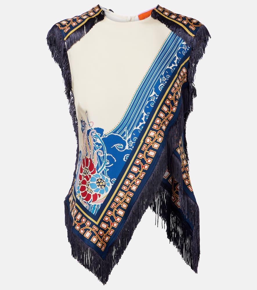 la doublej fringed printed silk satin top
