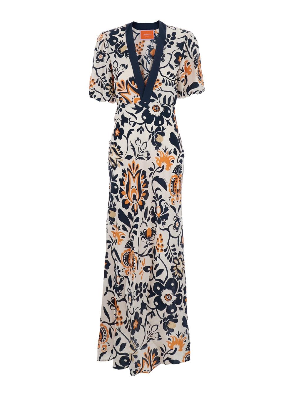 la doublej marlene multicolor long dress with v-neck and all-over floral print in fabric woman