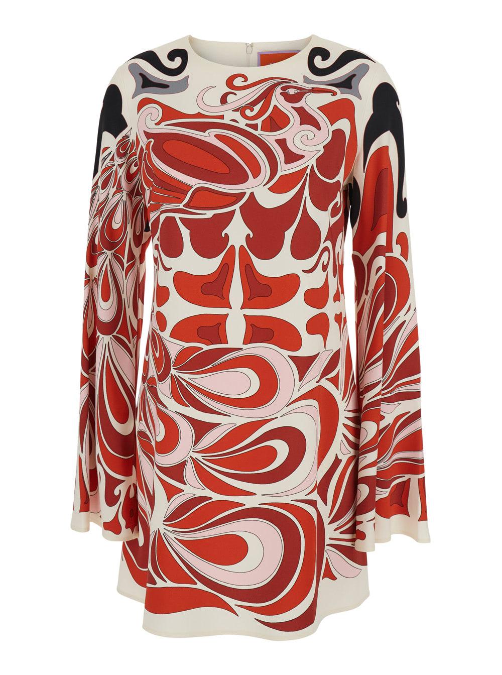 la doublej multicolor crewneck mini dress with flared sleeves and all-over geometric motif in viscose stretch woman