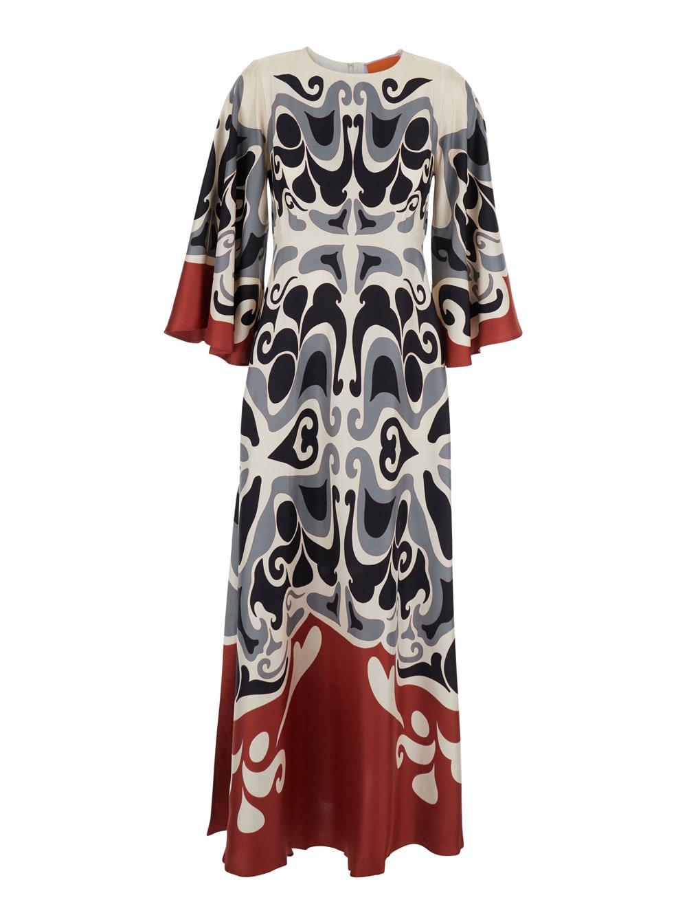 la doublej multicolor long dress with round neck and all over motif in silk woman