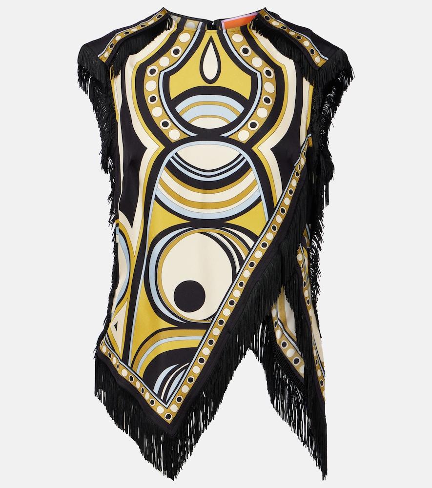 la doublej scarf fringed printed silk voile top