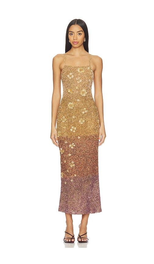la fuori alessia sovereign ombre midi dress in metallic gold.