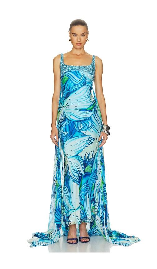 la fuori floral pixie trail dress in blue.