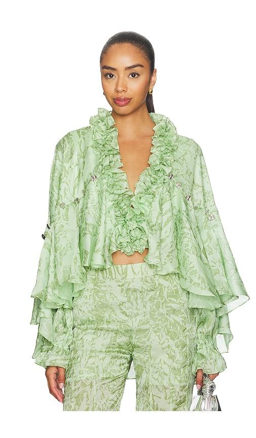 la fuori mistleaf ruffle printed top in green.