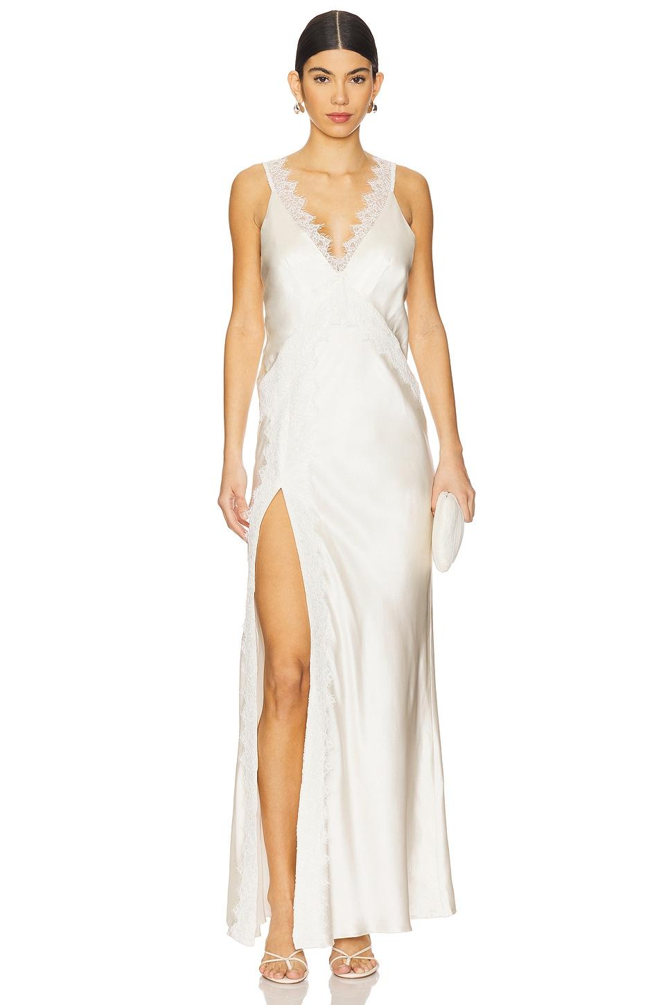 la lune cumulus silk lace strap split maxi dress
