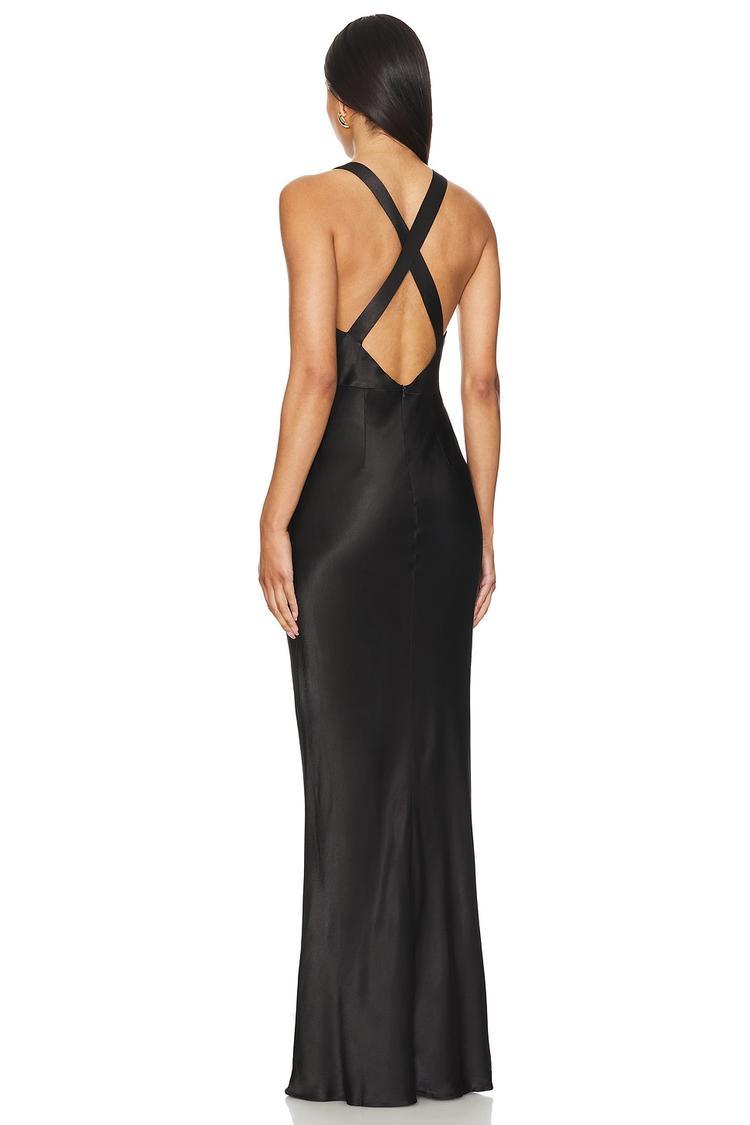 la lune plunged cross back maxi dress