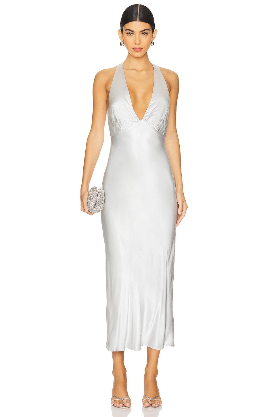 la lune plunged cross back midi dress