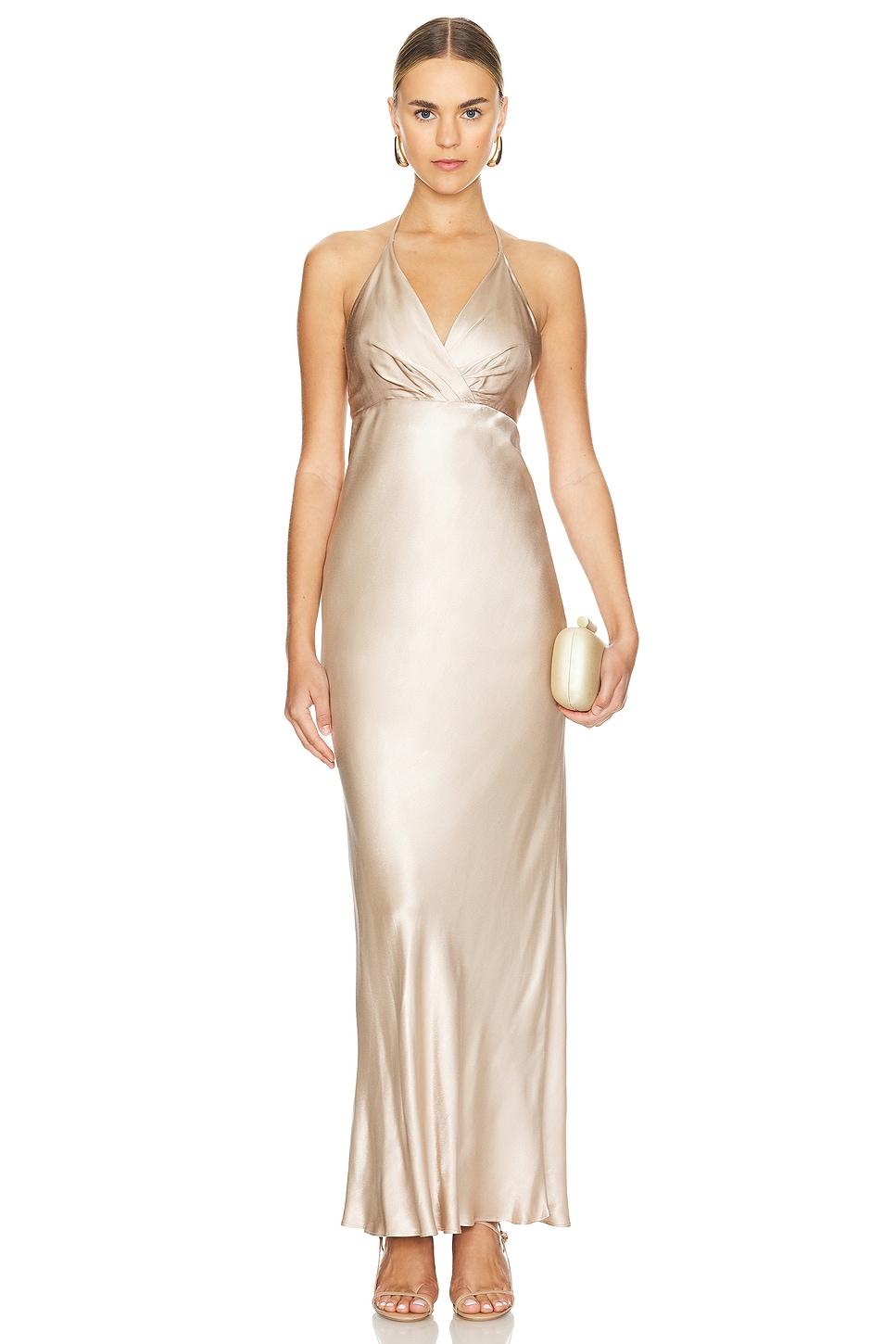 la lune plunged open back halter maxi dress