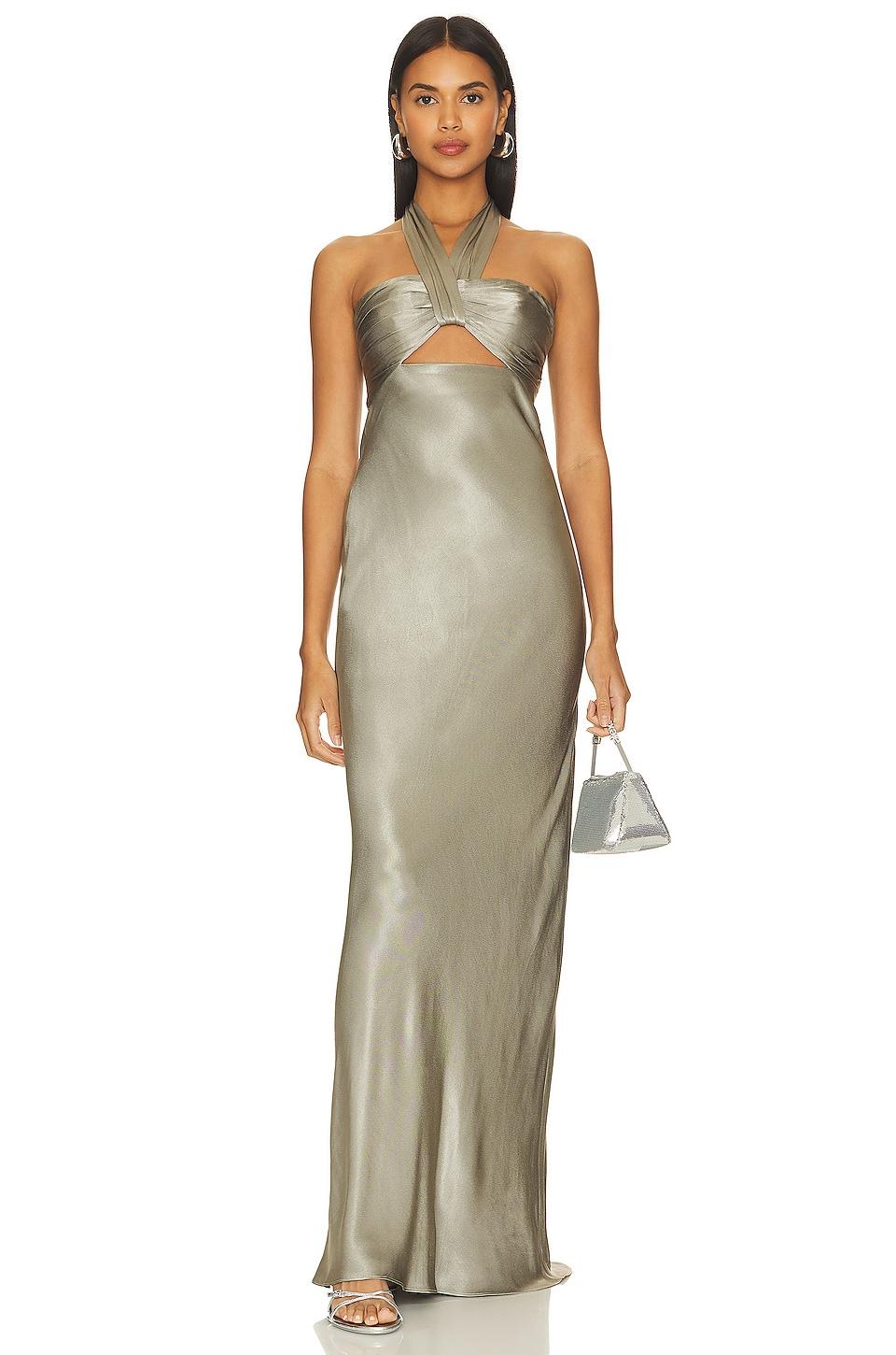 la lune ruched halter maxi dress