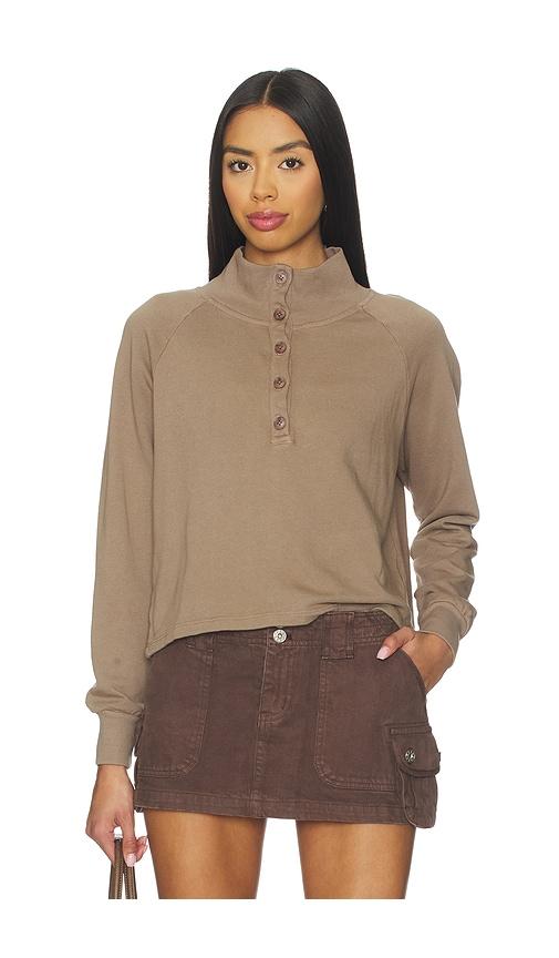 la made alexander half button up pullover in brown.