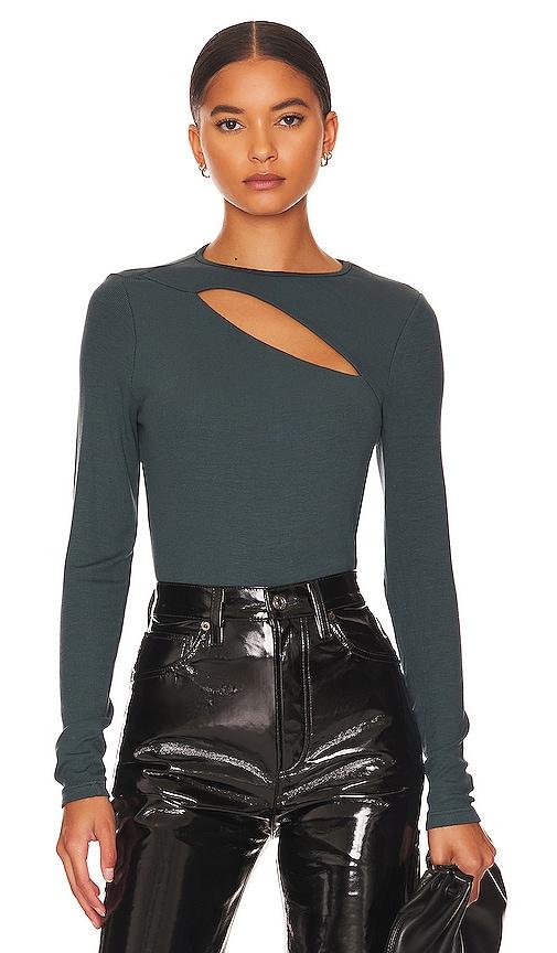 la made verge peek a boo long sleeve top in teal.