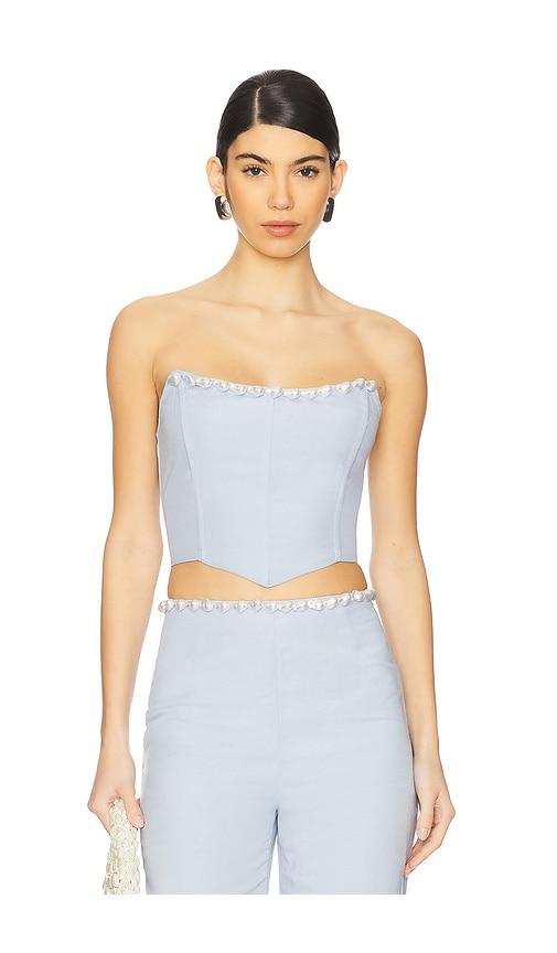 la porte birkin pearl corset top in baby blue.