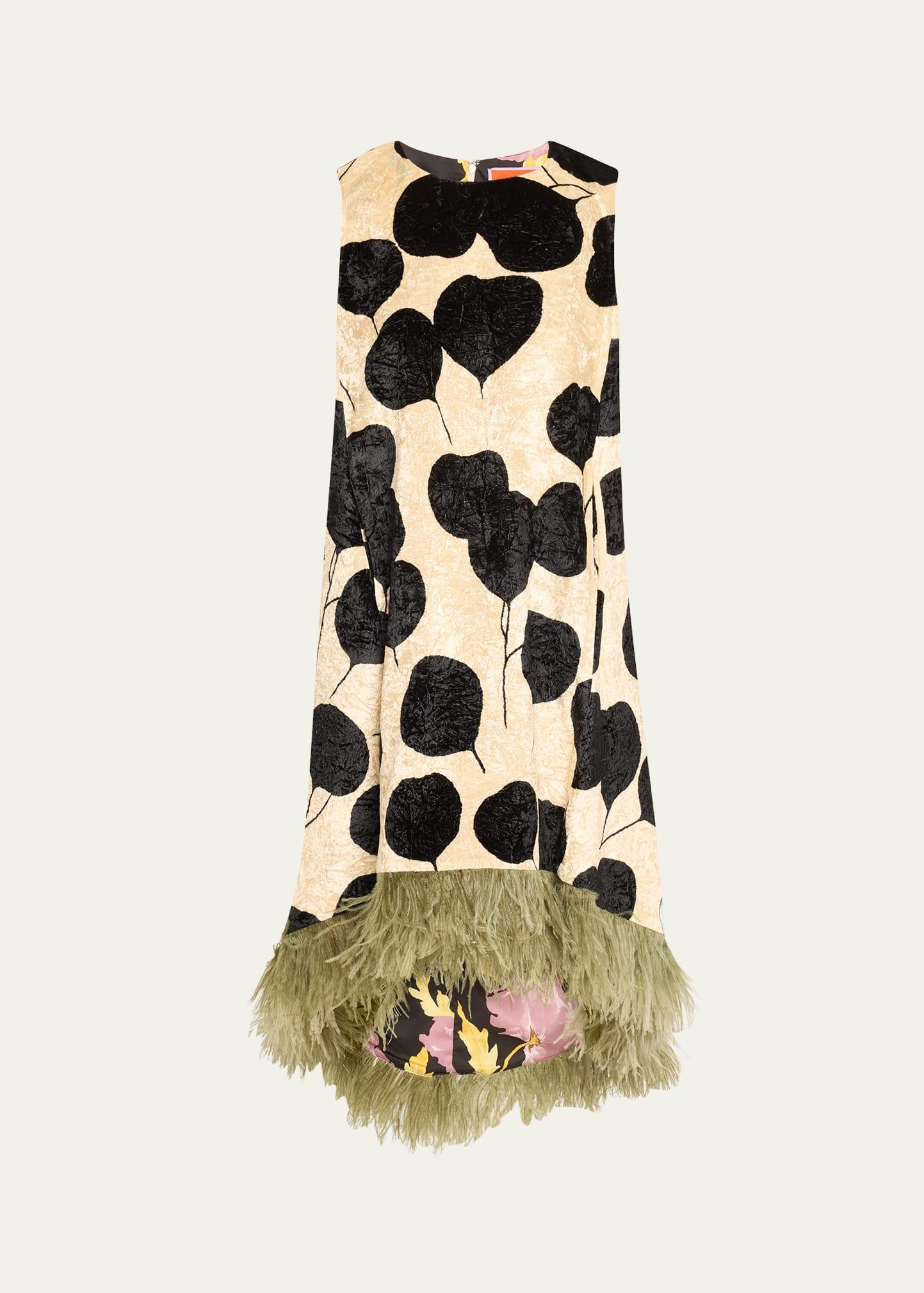 la scala floral velvet feather trim high-low dress