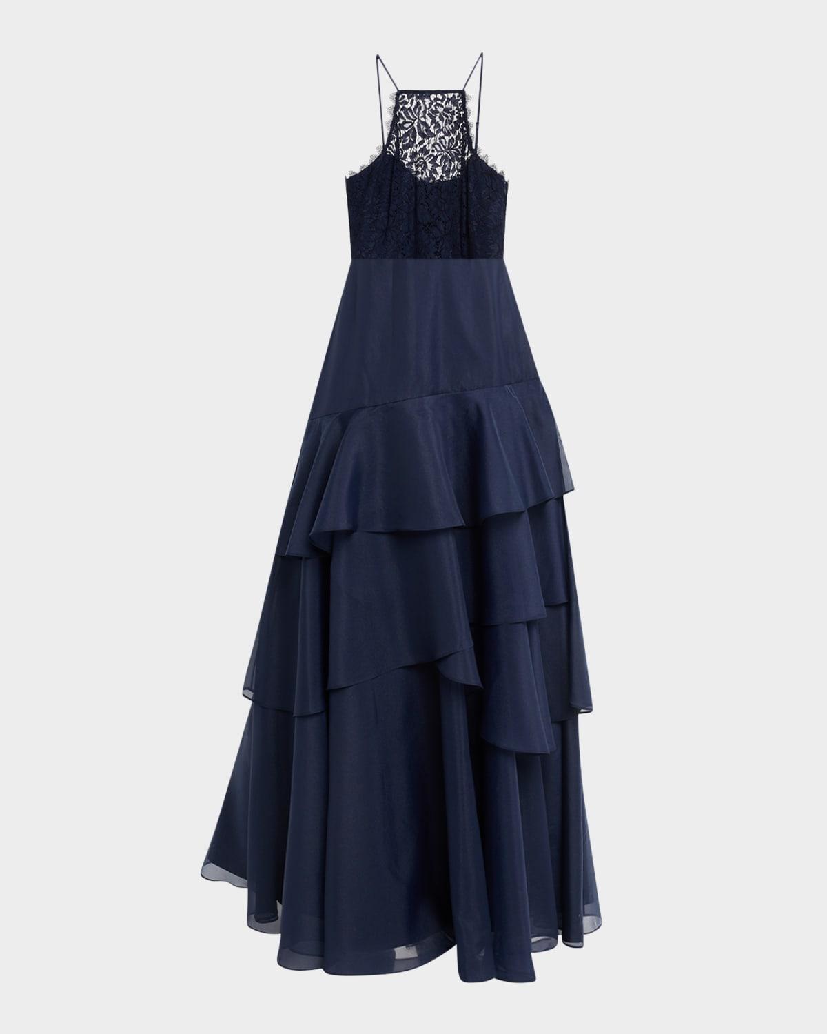 lace & tiered organza halter gown