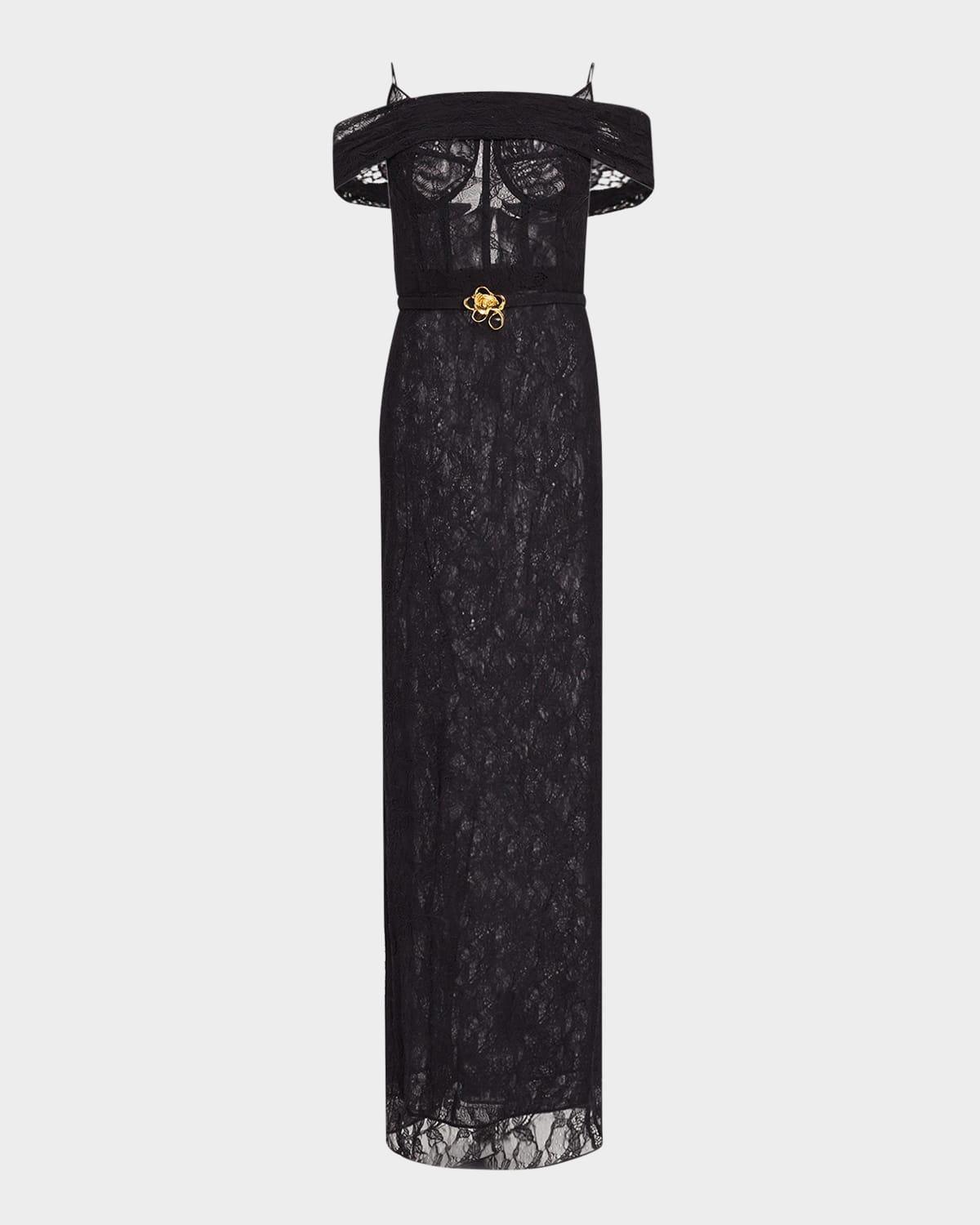 lace cold-shoulder belted column gown